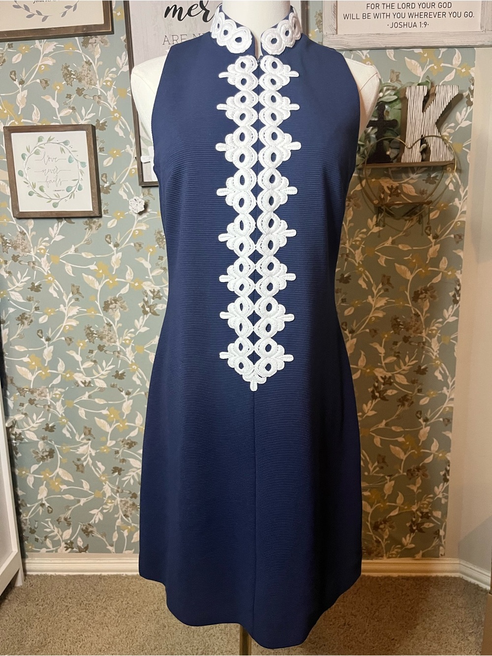 Lilly Pulitzer Navy Halter Mini Dress with White Lace Trim
